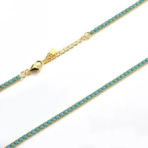 Collier tennis vintage en argent sterling S925 avec pierres bleues turquoise carrées