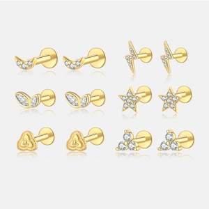 Boucles d'Oreilles Clous en Argent Sterling 925 pour Femmes Petite Zircone Étoile Lune Cœur Feuille Éclair Bijoux