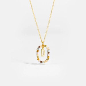Macro detail of 925 silver gold-plated pendant featuring letter D and colorful zircons