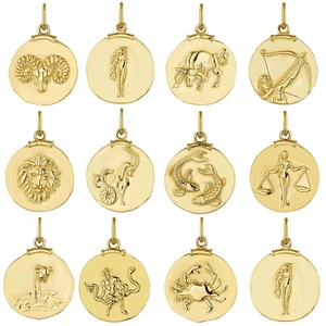 Set van 12 reliëfgesneden gouden dierenriemhangers van hoogglanzend messing voor kettingen