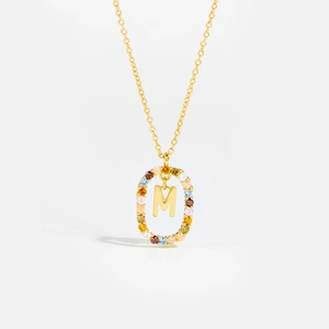 Gold 925 silver necklace with oval pendant, colored zircon stones, and central letter M