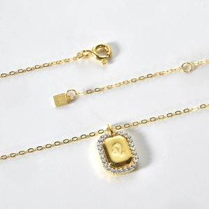 Gold plated S925 sterling silver Leo zodiac pendant necklace with white zircon border
