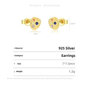 Detail view of S925 silver stud earrings with 7x7.5mm size specs and colorful zirconia