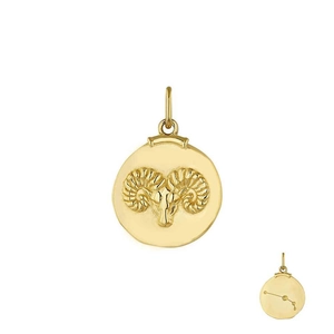 Pendentif Bélier doré de forme ronde avec relief de tête de bélier et carte d'astrologie