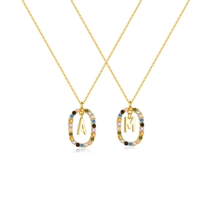 925 silver necklace with oval colorful zircon pendants featuring golden letters A and M