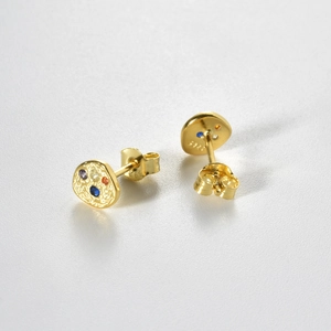 S925 sterling silver gold plated earrings with colorful zircon stones and hammered texture