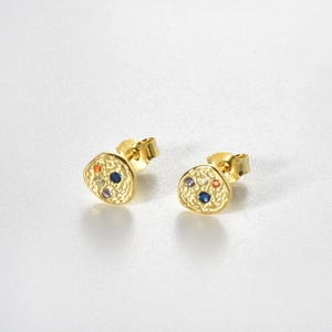 925 silver gold-plated geometric stud earrings with colorful zircons and hammered finish