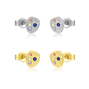Textured S925 silver stud earrings with colorful zircon stones in gold and silver plating