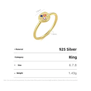 Detailed view of S925 sterling silver ring with colorful zircons and hammered texture