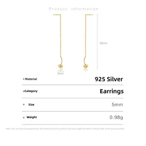 Detail view of gold S925 silver long tassel chain earring with size specifications