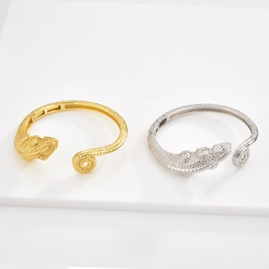 Vintage Lizard Chameleon Open Bracelet For Women 925 Sterling Silver Gold Plated Adjustable Animal Cuff Bangle Jewelry Gift