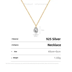 Détail du collier en argent 925 avec pendentif zircon goutte et mesures indiquées