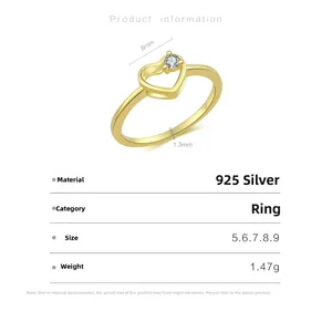 Spécifications de taille pour bague cœur en argent S925 avec zircon blanc de 8mm