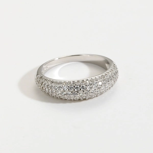 Macro shot of S925 sterling silver hallmarked Cuban ring with pavé-set cubic zirconia