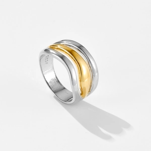 Minimalistischer Zweifarbiger Wellenring Gestapelt Breit S925 Versilbert Mehrschichtiger Geometrischer Statement Ring Damen Schmuck Geschenk