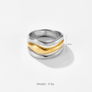 Minimalistischer dreilagiger S925 Silberring in Wellenform, zweifarbig, 12 mm breit