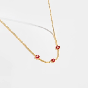 Elegant S925 silver gold-plated necklace with red floral pendants and white zircon stones