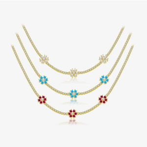 925 Sterling Silver Eighteen Karat Gold Plated Zirconia Tennis Chain Necklace With Three Flower Pendants For Women Fashion Jewelry