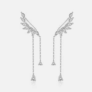 Détails de boucles d'oreilles feuilles en argent S925 avec franges en cristal et bagues d'oreille