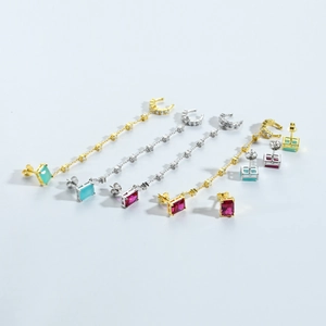 Boucles d'oreilles franges en argent S925 avec pierres colorées et design vintage chic