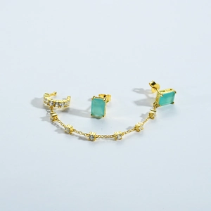 Ensemble de boucles d'oreilles turquoise en argent S925 avec chaîne et zircon cubique