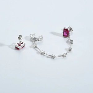 Vue macro de boucles d'oreilles franges en argent S925 avec zircons rouges et cristaux
