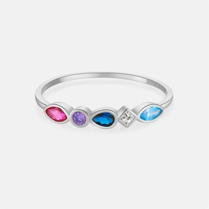 Macro detail showing S925 hallmark on silver ring with five colorful gemstones