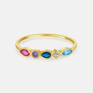 Detail of S925 sterling silver ring featuring five colorful multi-shaped gemstones