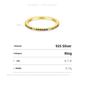 Detail view of 1.3mm thin S925 silver ring featuring colorful pavé-set cubic zirconia