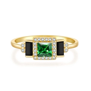 Bague Art Déco en argent S925 avec zircon vert et finition vintage dorée élégante