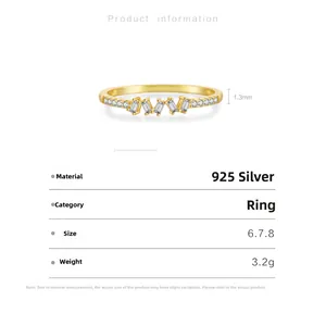 Gedetailleerde maatspecificaties voor een gouden S925 zilveren ring met rechthoekige zirkonia