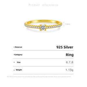 Detailed specifications of a 1.3mm thin S925 silver gold-plated ring with zircon accents