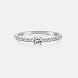 Close-up of S925 sterling silver ring featuring four-prong set round cubic zirconia