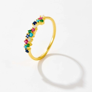 Bague vague en argent S925 avec pierres colorées et finition dorée élégante