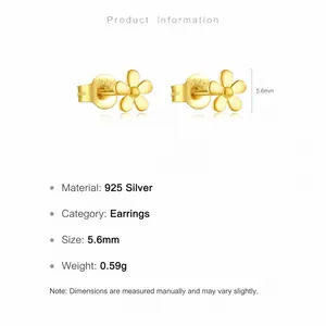 Macro detail of S925 sterling silver gold flower stud earrings showing 5.6mm size and S925 stamp
