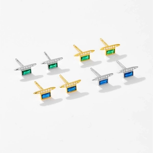 Pendientes de Botón de Lujo Poste de Plata de Ley 925 Zirconia Rectangulares Piedras Preciosas Verde Esmeralda Azul Zafiro Joyería Mujer