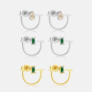 Pendientes de Botón Geométricos de Plata de Ley S925 Con Zirconia Verde Esmeralda Rectangular Gota Poste de Plata 925 Mujer