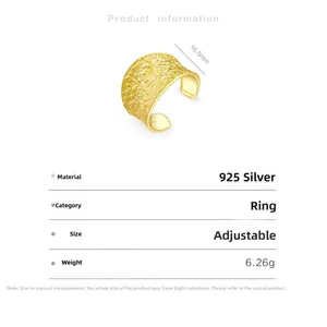 Detailed specs of hammered 925 silver adjustable gold ring with weight and size data