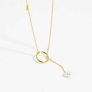 Elegante s925 Silber Y-Halskette in Gold mit rundem Anhänger und weißer Perle