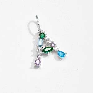 Detailed view of silver letter A pendant set with colorful crystals and rhinestones