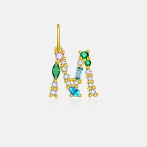 Golden 925 sterling silver letter M pendant charm with colorful gemstone inlay and zircon accents