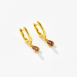 Elegant S925 sterling silver hoop earrings with pear-cut purple zircon drop pendants