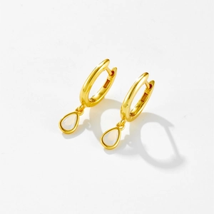 S925 silver gold-plated huggie hoop earrings with pear-shaped white opal pendants