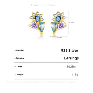 Info detallada de tamaño y material de pendientes de flores en plata 925 y circón