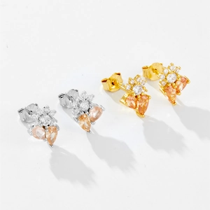 Pendientes de flores en plata S925 con piedras de ámbar y diamantes brillantes