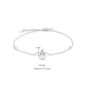 Macro detail of S925 sterling silver A-letter bracelet with zircon measurements and S925 stamp