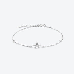 Detailed view of S925 silver bracelet with sparkling zircon letter A pendant and fine chain