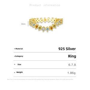 Detail eines 925er Silberrings mit 3mm Breite und bunten Zirkonia in Vergoldung