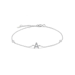 S925 sterling silver initial A bracelet with zircon pavé letter pendant and round crystals