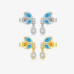 925 Sterling Zilveren Oorknopjes Voor Vrouwen Koreaanse Stijl Blauwe Zirkoon Blad Heldere Waterdruppel Hanger Sieraden